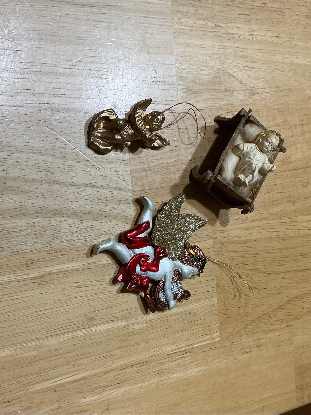 Set of 3 Vintage-Style Christmas Ornaments - Angel, Baby Jesus Manger, Pegasus